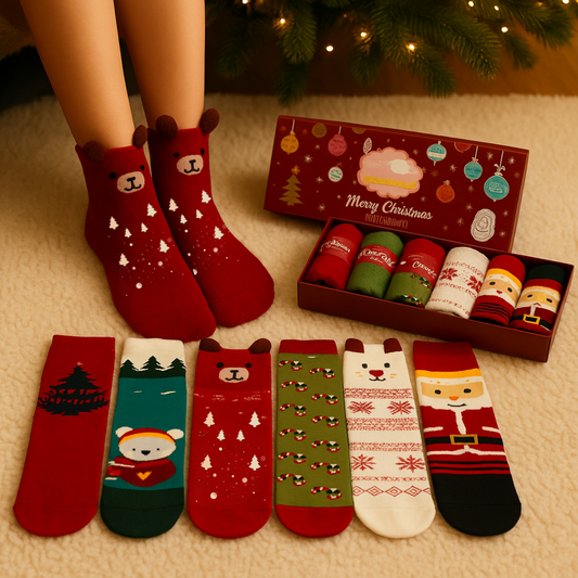 Set 6 Perechi Șosete din Bumbac – Modele de Crăciun + Cutie Cadou