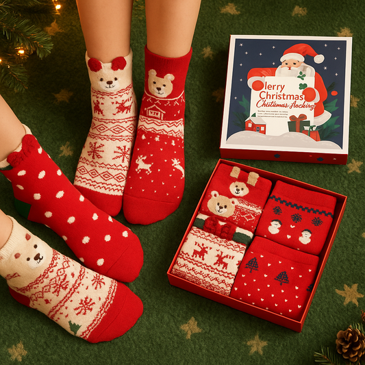 Set 4 Perechi Șosete din Bumbac cu Model de Crăciun și Cutie Cadou