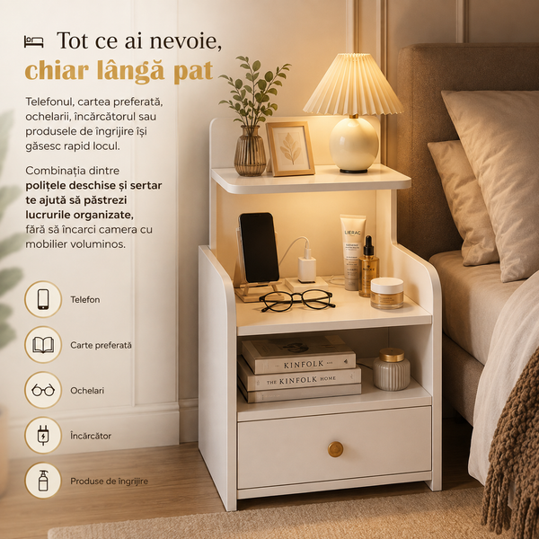 Noptieră Albă Modernă Compactă