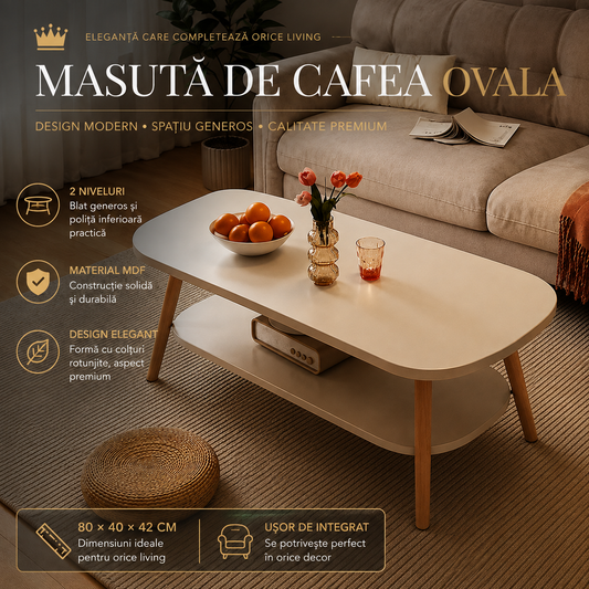 Măsuță de Cafea Ovală cu Poliță, MDF, 80 × 40 × 42 cm – Design Modern și Spațiu Generos