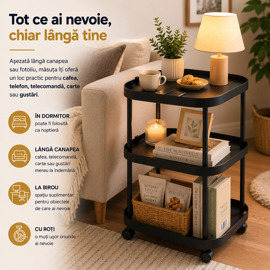 Măsuță Multifuncțională cu 3 Niveluri pe Roți, 62 × 39 × 39 cm