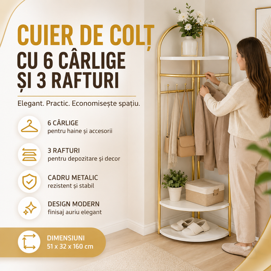 Cuier de Colț cu 6 Cârlige și 3 Rafturi, Organizator pentru Hol, Dormitor și Birou, 51x32x160 cm