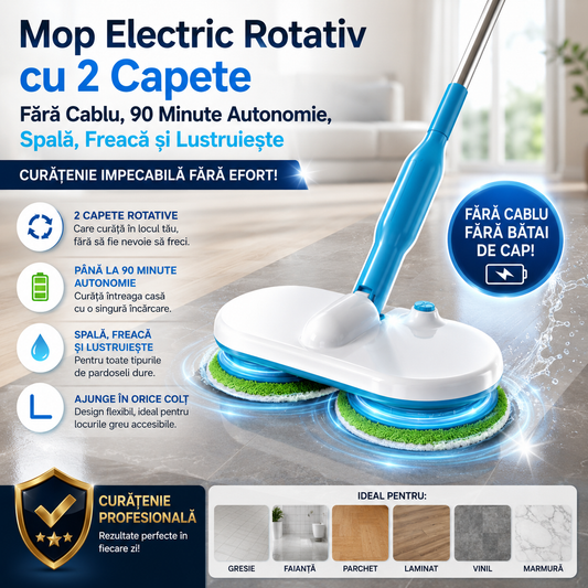 Mop Electric Rotativ cu 2 Capete, Fără Cablu, 90 Minute Autonomie, Spală, Freacă și Lustruiește