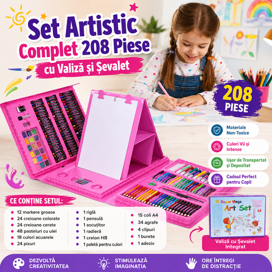 Set Artistic Complet 208 Piese cu Valiză și Șevalet – Tot ce are nevoie micul artist!