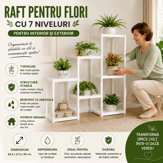 Raft pentru Flori Multietajat din Metal și Plastic – 7 Niveluri, pentru Interior și Exterior