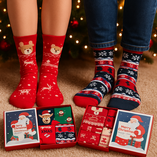 Set 4 Perechi Șosete din Bumbac cu Model de Crăciun și Cutie Cadou