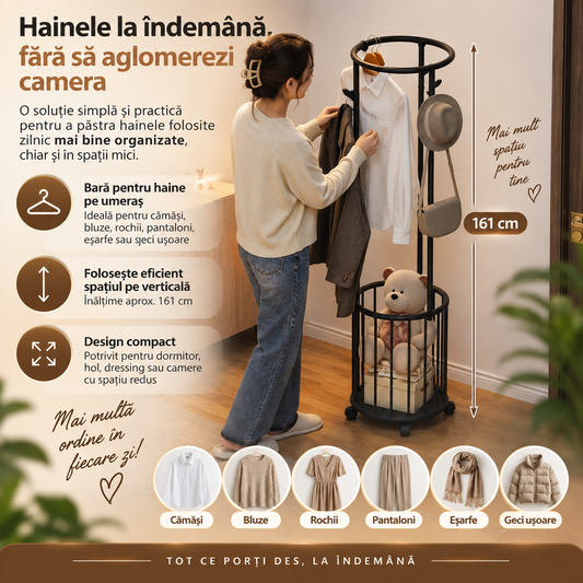Cuier multifuncțional pentru haine cu coș de depozitare, stativ vertical pe roți, 161 cm
