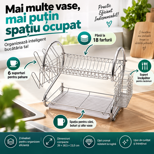 Suport vase și tacâmuri etajat cu tăviță de scurgere – Inox, 39 × 38,5 × 23,5 cm