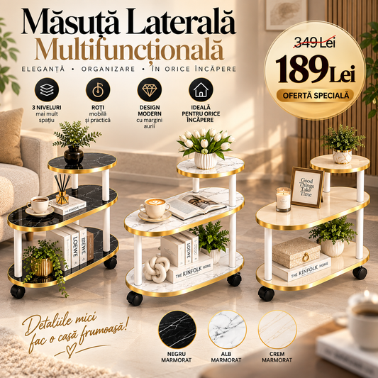 Măsuță laterală multifuncțională cu roți, 3 niveluri marmorate, 60 × 30 × 68 cm
