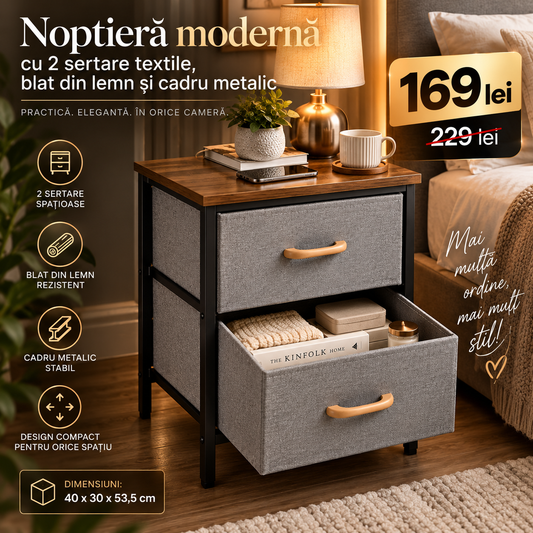Noptieră modernă cu 2 sertare textile, blat din lemn și cadru metalic – Gri, 40 × 30 × 53,5 cm