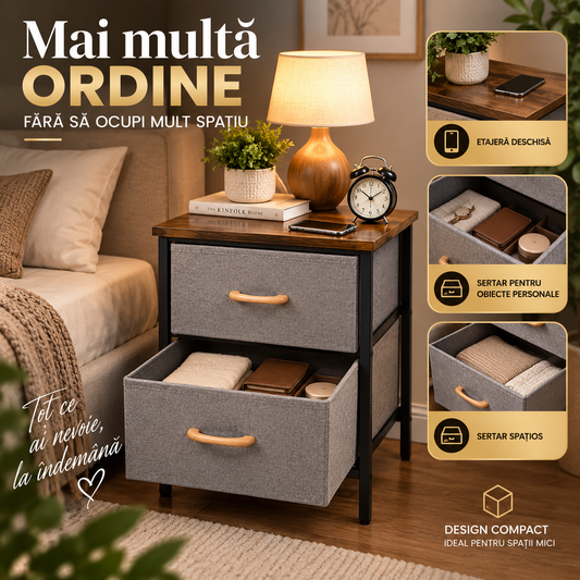 Noptieră modernă cu 2 sertare textile, blat din lemn și cadru metalic – Gri, 40 × 30 × 53,5 cm