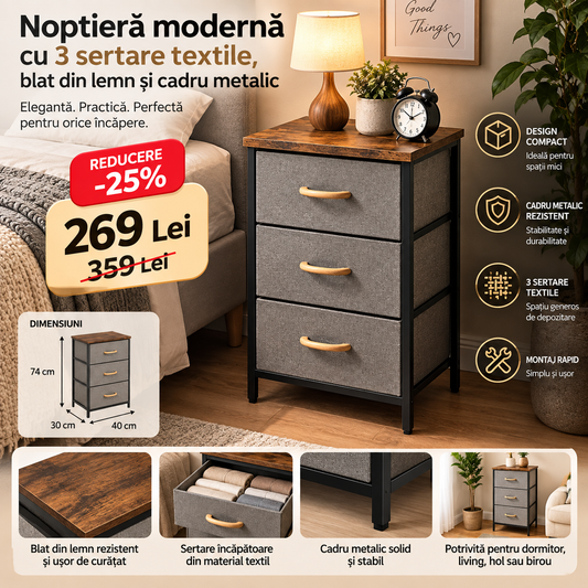 Noptieră modernă cu 3 sertare textile, blat din lemn și cadru metalic – Gri, 40 × 30 × 74 cm