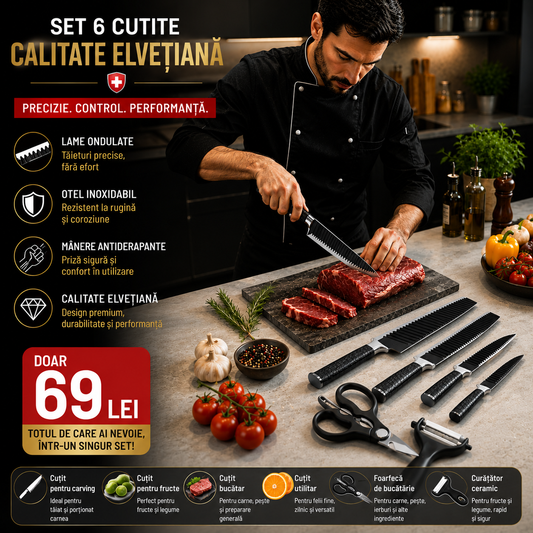 Set 6 Piese Cuțite de Bucătărie Elvetiene din Oțel Inoxidabil, Lame Ondulate, Mâner Antiderapant, Foarfecă și Curățător