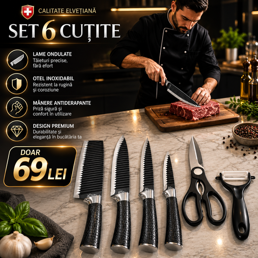 Set 6 Piese Cuțite de Bucătărie Elvetiene din Oțel Inoxidabil, Lame Ondulate, Mâner Antiderapant, Foarfecă și Curățător