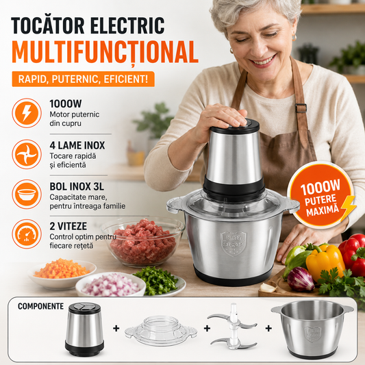 Tocător Electric Multifuncțional 1000W, Bol Inox 3L, 4 Lame din Inox, 2 Viteze