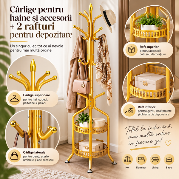Cuier Hall Tree Auriu Compact Vertical