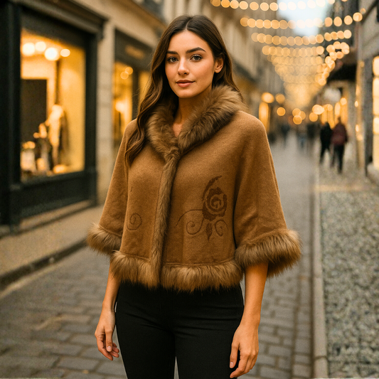 Poncho scurt din stofă de cașmir cu blăniță sintetică