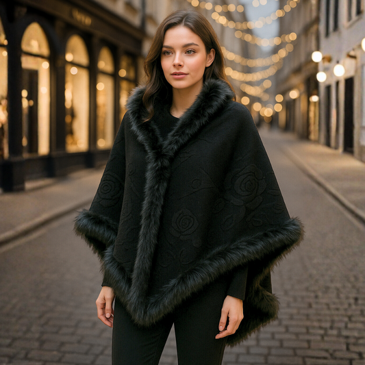 Poncho lung din stofă de cașmir cu blăniță sintetică