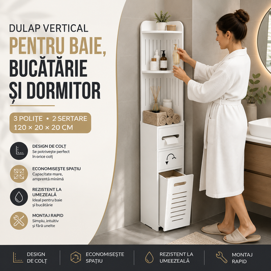 Coltar Vertical Multifuncțional pentru Baie, Bucătărie sau Dormitor, 3 Polițe și 2 Sertare, 120 x 20 x 20 cm