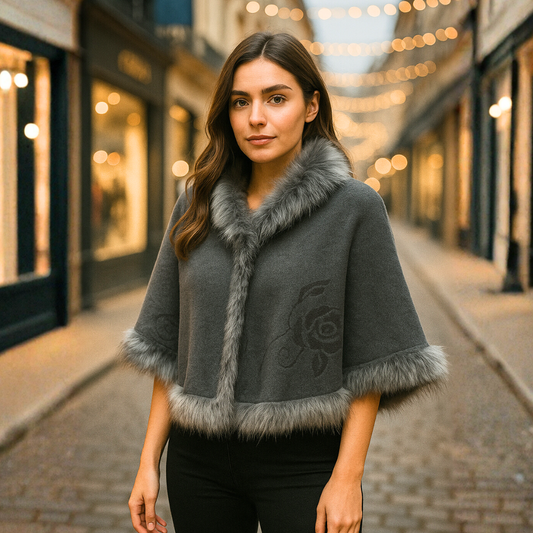 Poncho scurt din stofă de cașmir cu blăniță sintetică