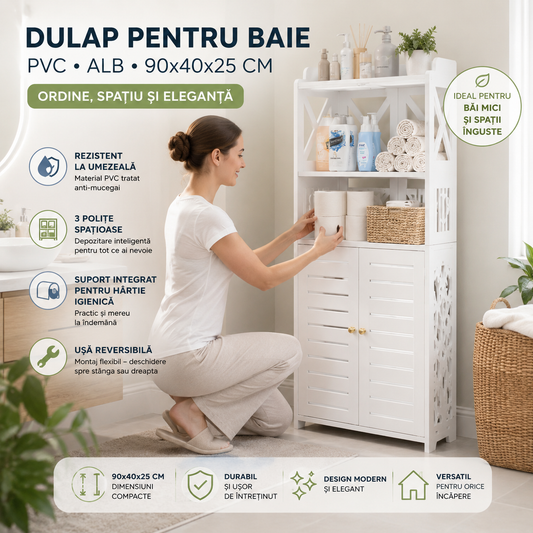 Dulap pentru Baie PVC cu 3 Polițe de Depozitare, Alb, 90x40x25 cm, Rezistent la Umezeală