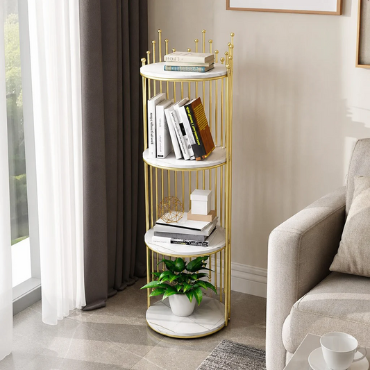 Etajeră Decorativă Rotundă cu 4 Niveluri, Cadru Metalic Auriu și Polițe Albe, 32 × 32 × 95 cm